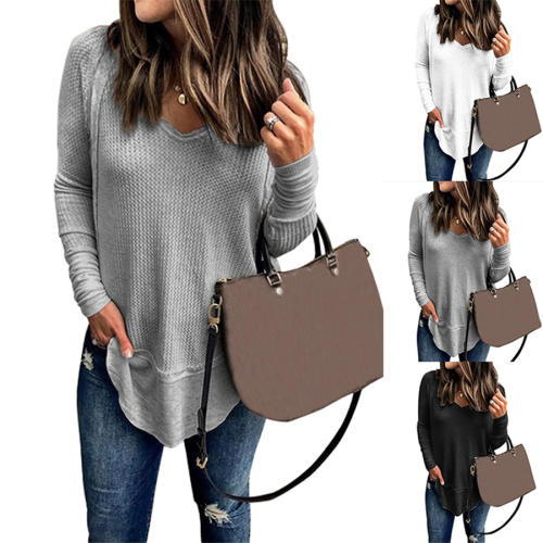 Solid Color V-neck Autumn Tops Long Sleeve Casual T-shirts PQOM9112