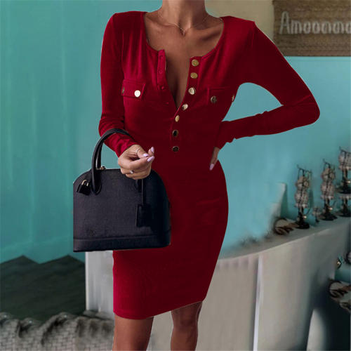 Autumn Sexy Mini Dress Round Neck Long Sleeve Bodycon Dresses PQOM9177C