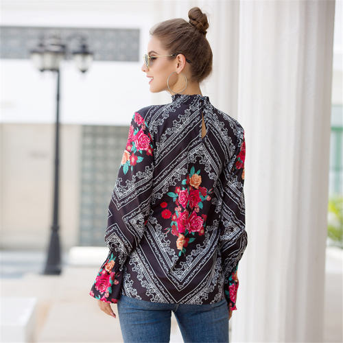 Lantern Sleeve Shirt For Women Stand Collar Floral Printed Tops PQOM9101A
