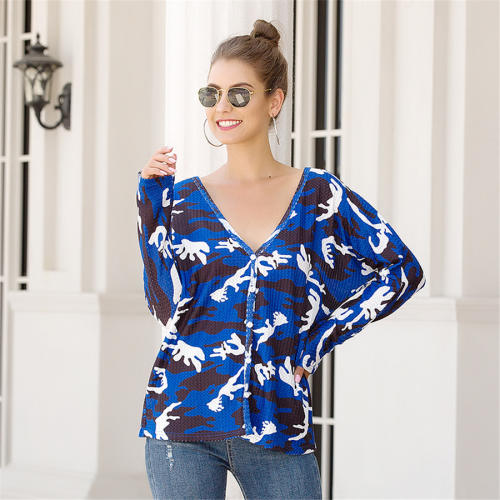 Camouflage Printed Cardigan Women V-neck T-shirt Long Sleeve Tops PQOM9116E
