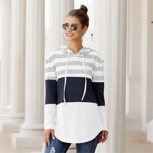 Striped Casual T-shirts Printed Tops Autumn Loose Hoodies PQOM9113D
