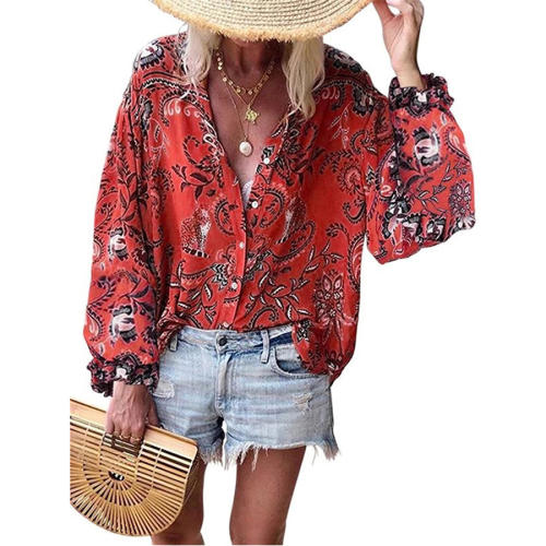 V-neck Chiffon Blouses Sexy Print Long-sleeved Shirts PQOM9106A