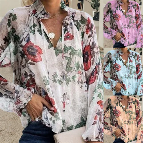 Loose Long Sleeve Tops Floral Printed Chiffon Shirt PQOM9118
