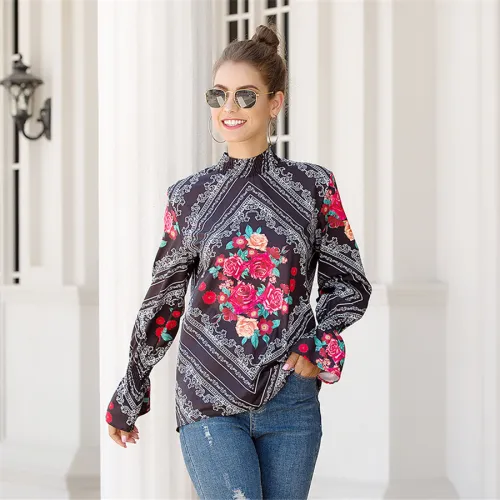 Lantern Sleeve Shirt For Women Stand Collar Floral Printed Tops PQOM9101A