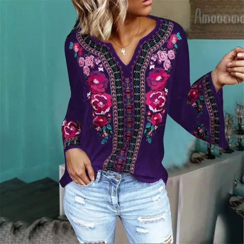 Long Sleeve Floral Printed T-shirt Loose Vintage Tops PQOM9171B
