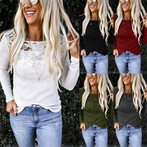 Lace Patchwork Autumn T-shirts Slim Solid Color Sexy Tops PQOM9168