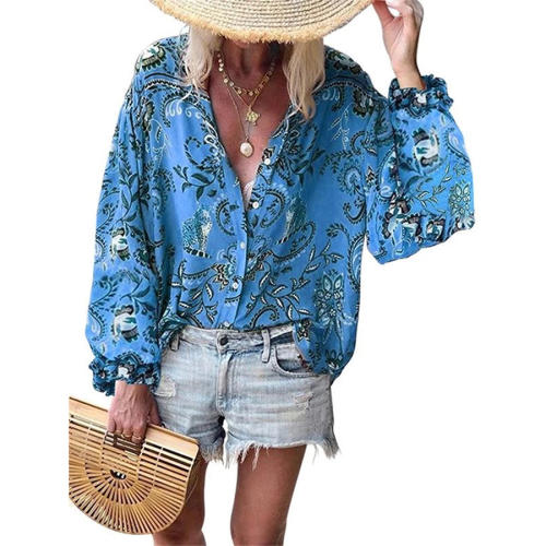 Long-sleeved Sexy Print Shirts Autumn V-neck Chiffon Blouses PQOM9106B