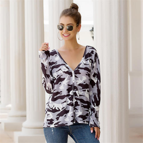 Camouflage Printed Cardigan Long Sleeve Women T-shirt V-neck Tops PQOM9116D