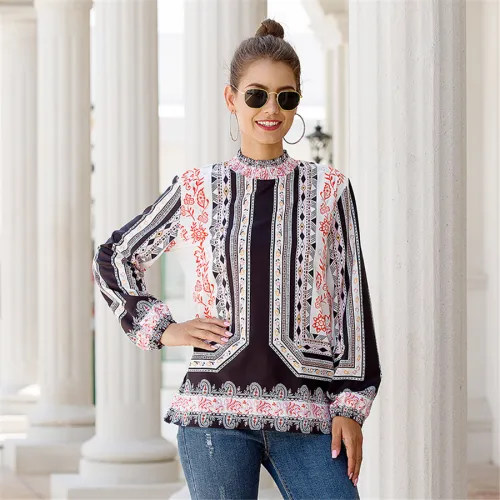 Autumn Retro Tops for Women Loose Long-sleeved Ethnic Printed Shirt PQOM9102