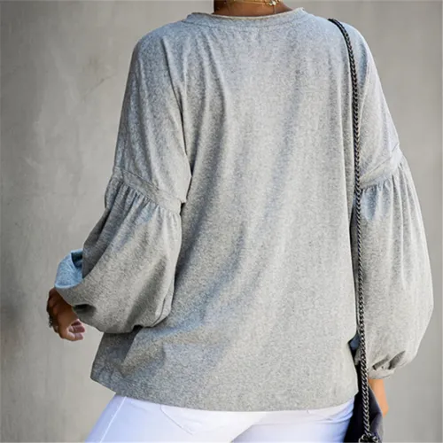 Round Neck Autumn Loose Tops Long Puff Sleeve T-shirt For Women PQOM9119A