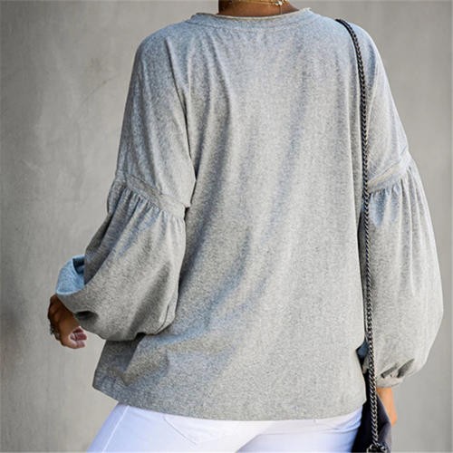 Round Neck Autumn Loose Tops Long Puff Sleeve T-shirt For Women PQOM9119A