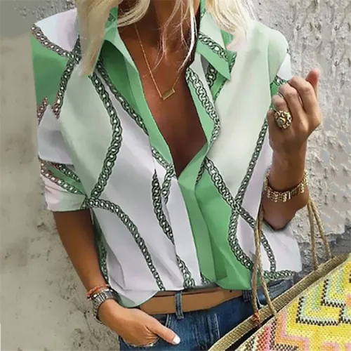 Stand Collar Autumn Shirt Loose Printed Tops For Women PQOM9176C