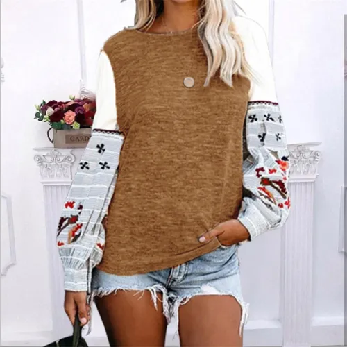 Winter Long Sleeve Printed Tops Round Neck Autumn Sweater PQOM9186D