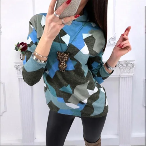 Long Winter Tops Loose Turtleneck T-shirts Geometric Print Sweater PQOM9182C