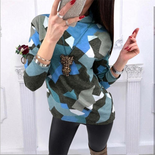 Long Winter Tops Loose Turtleneck T-shirts Geometric Print Sweater PQOM9182C