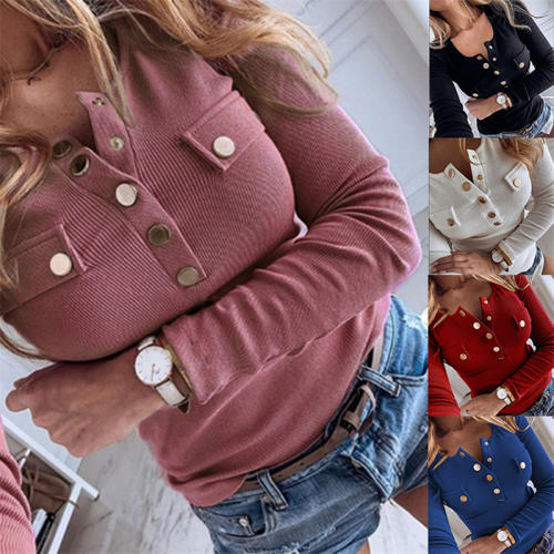 Solid Color Plus Size Shirt Autumn Sweater Slim Ribbed Tops PQOM9180