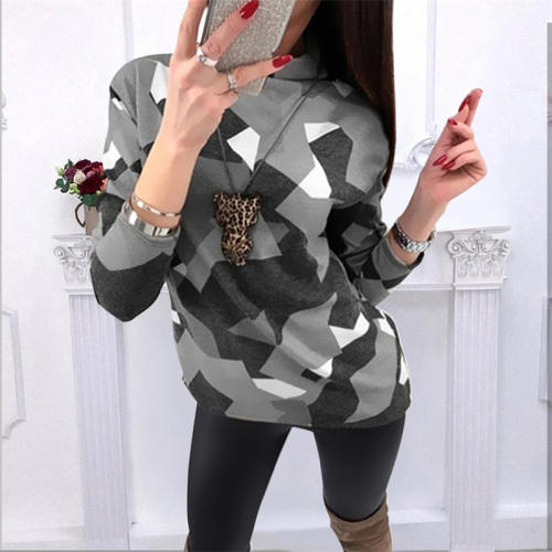 Geometric Print Sweater Long Winter Tops Loose Turtleneck T-shirts PQOM9182B