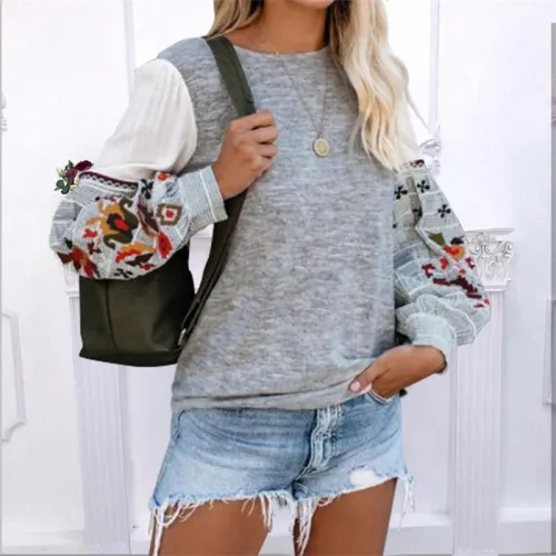 Round Neck Autumn Tops Winter Long Sleeve Printed Sweater PQOM9186B