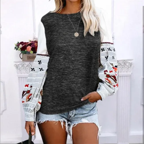 Round Neck Autumn Tops Winter Long Sleeve Printed Sweater PQOM9186B