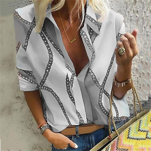 Stand Collar Printed Blouses For Women Loose Autumn Shirt PQOM9176E