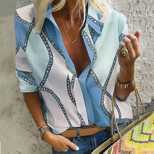 Stand Collar Printed Blouses For Women Loose Autumn Shirt PQOM9176E