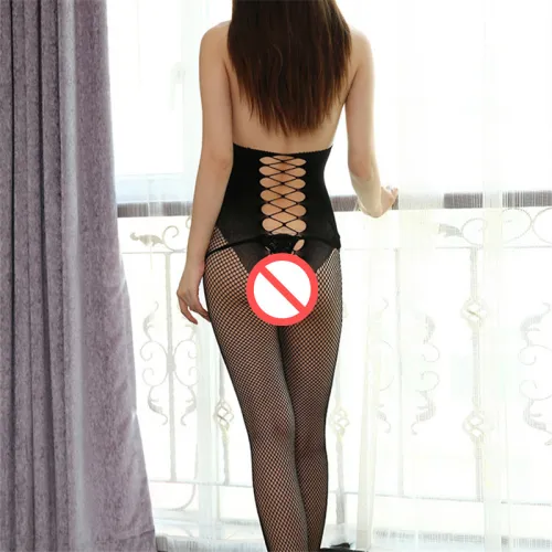Women Open Crotch Pantyhose Black Jacquard Fetish Bodysuits PQXX8005
