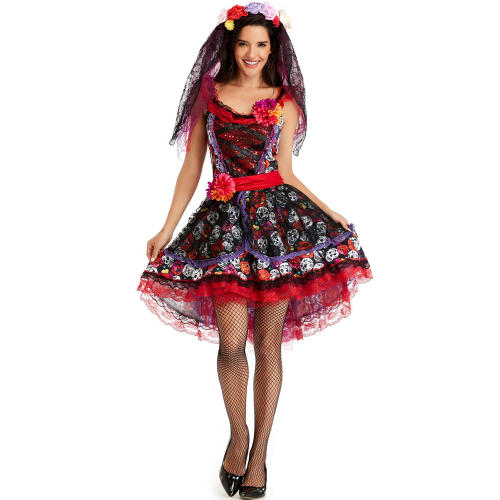 Halloween Skull Ghost Bride Costume Cosplay Vampire Dress Masquerade Uniform PQMR3361