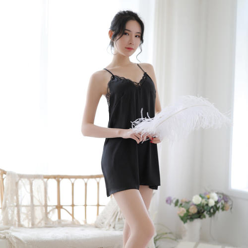 Deep V Imitation Silk Suspender Lace Nightdress Sexy Halter Lingerie PQAR5120B