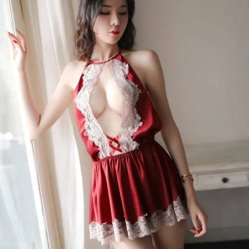 V-Neck Backless Nightdress Sexy Lace-up Lingerie Hollow Lace Sleepwear PQAR5115C