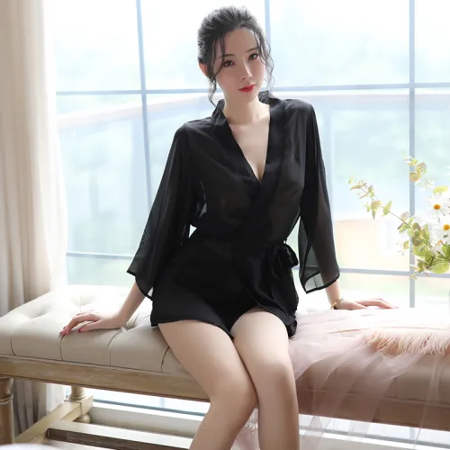 Sexy Women Nightgown Transparent Chiffon Bathrobe Set PQAR5150A
