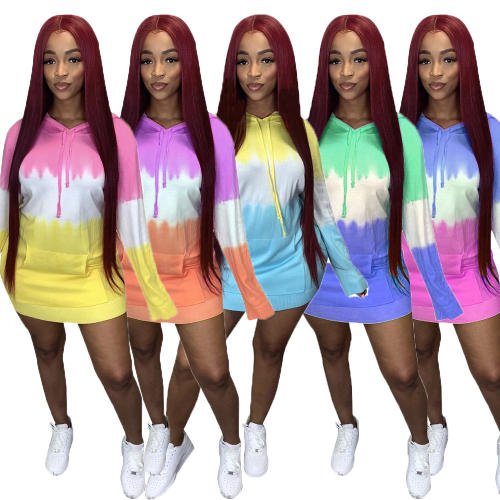 Autumn Loose Hooded Dress Winter Gradient Print Casual Mini Dresses PQCM793D