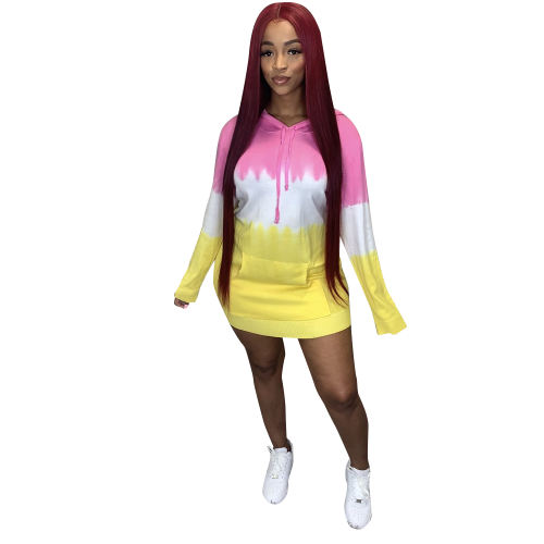 Winter Gradient Print Casual Hooded Dress Autumn Loose Mini Dresses PQCM793B
