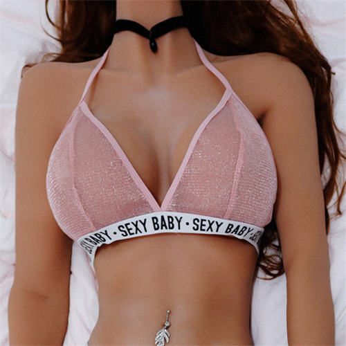 Shiny Mesh Sleepwear Baby Letter Printing Sleep Underwear Women Bikini Bra PQBS304C