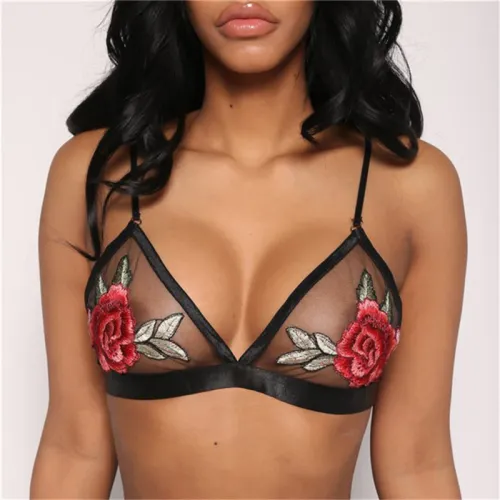 Black Mesh Perspective Flower Embroidered Bra Set PQBSD402