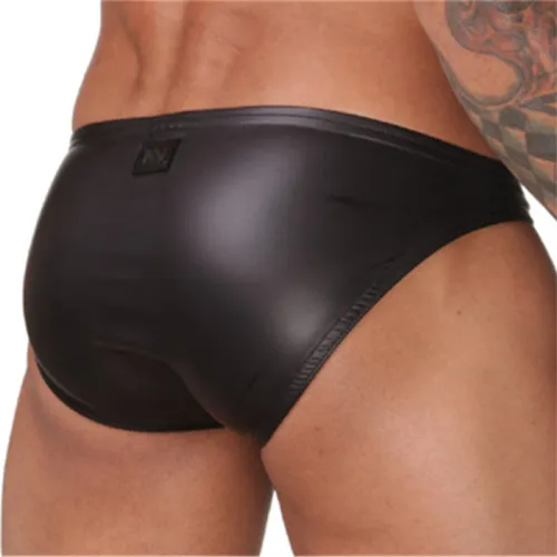 Men Faux Leather Briefs Patent Leather Underpants Sexy U-convex Thongs PQA405