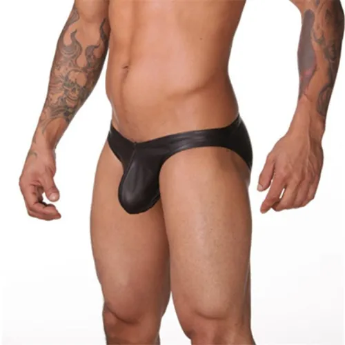 Men Faux Leather Briefs Patent Leather Underpants Sexy U-convex Thongs PQA405