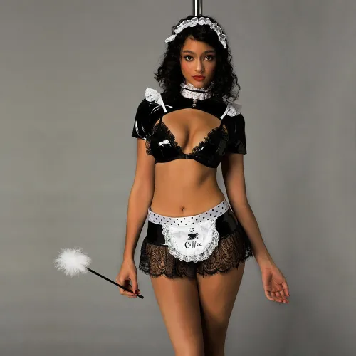 Sexy Beauty Servant Costume Wetlook PU Sexy Maid Cosplay Uniform PQ7016