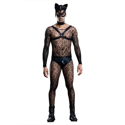 Cosplay Cat Man Costume Sexy Nightclub Mesh Perspective Performance Uniform PQ7219