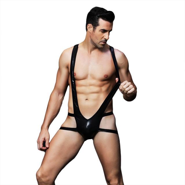 Faux Leather Bodysuit V-shaped Straps Sexy one-piece Men's Erotic Underwear PQ6620