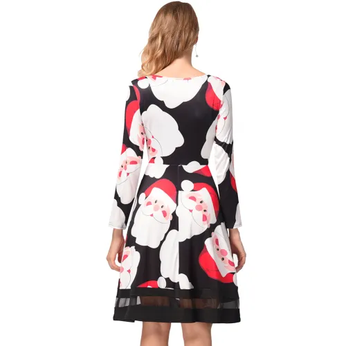 Retro Long Sleeve Slim A-line Midi Dress Christmas Print Vintage Dress PQ1217