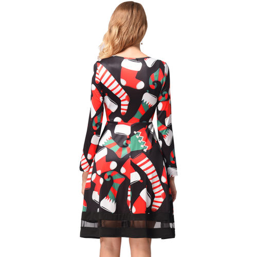 Christmas Print Dress Retro Long Sleeve Round Neck Slim A-line Midi Dress PQ1210