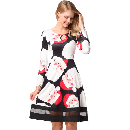 Retro Long Sleeve Slim A-line Midi Dress Christmas Print Vintage Dress PQ1217