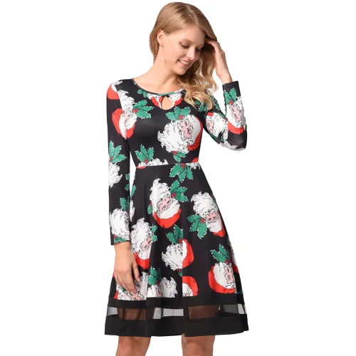 Long Sleeve Vintage Dress Slim Retro Christmas Print Midi Dress PQ1219