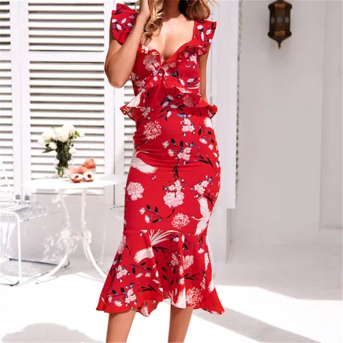 Sexy V-neck Summer Women Midi Dress Printed Bodycon Dress PQ22023B
