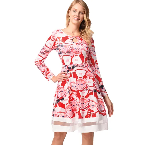 Retro Long Sleeve Round Neck Slim A-line Midi Dress Christmas Print Dress PQ1216