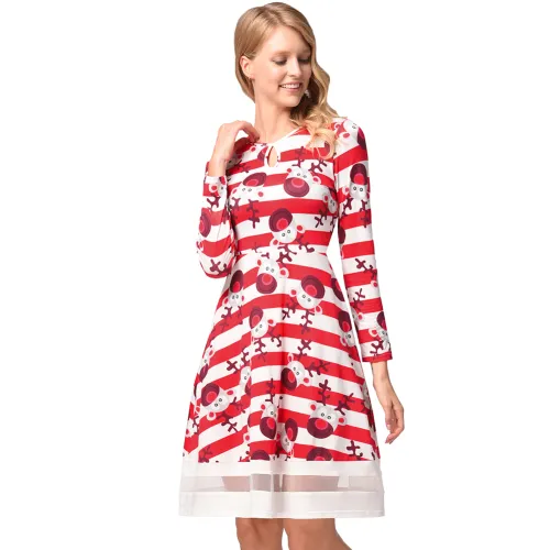 Retro Long Sleeve Vintage Dress Slim A-line Christmas Print Midi Dress PQ1218