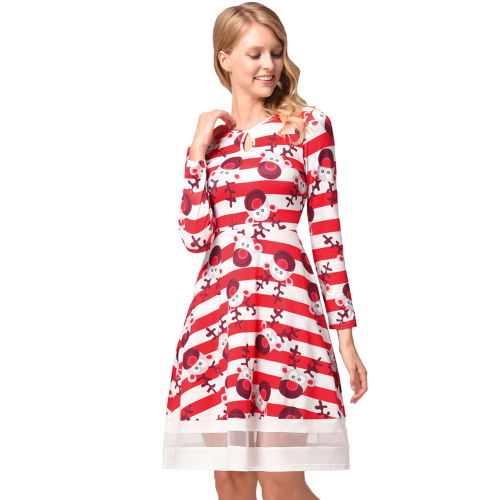 Retro Long Sleeve Vintage Dress Slim A-line Christmas Print Midi Dress PQ1218