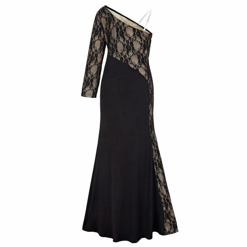 Autumn Long Lace Dress One-shoulder Stitching Evening Dress PQ00239 [OUT OF STOCK]