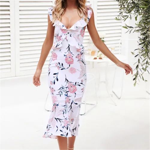Slim Printed Bodycon Dress Sexy V-neck Summer Women Midi Dress PQ22023A