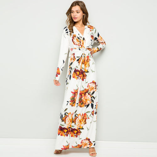 Long Sleeve V-neck Autumn Floral Dress Long Maxi Dresses For Women PQ22900A